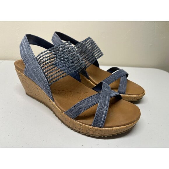 Skechers Womens 8 Beverlee High Tea Wedge Strappy Sandals Blue Luxe Foam - Picture 1 of 9